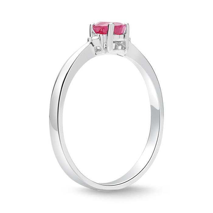 Ring 14 carat white gold 2 diamonds and ruby