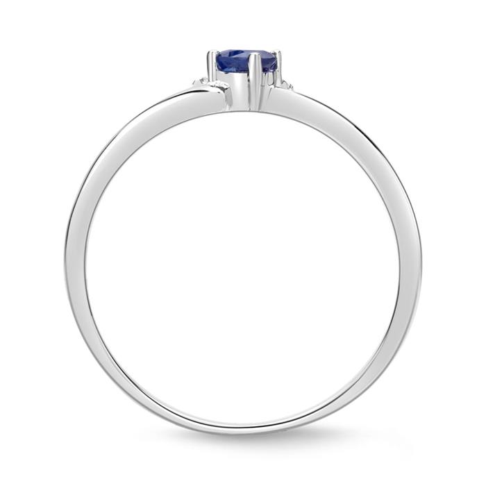 14ct white gold ring with 5 diamonds and sapphire