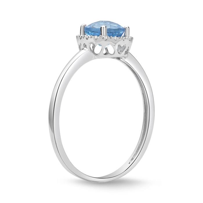 Halo ring 14ct white gold 18 diamonds blue topaz