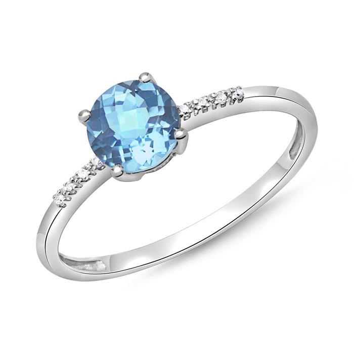 Blauwe Topaas ring 14 karaat witgoud 8 Diamanten