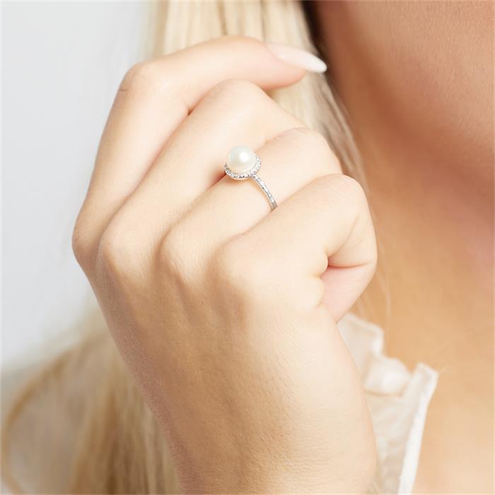 Ring 14ct white gold diamonds freshwater pearl