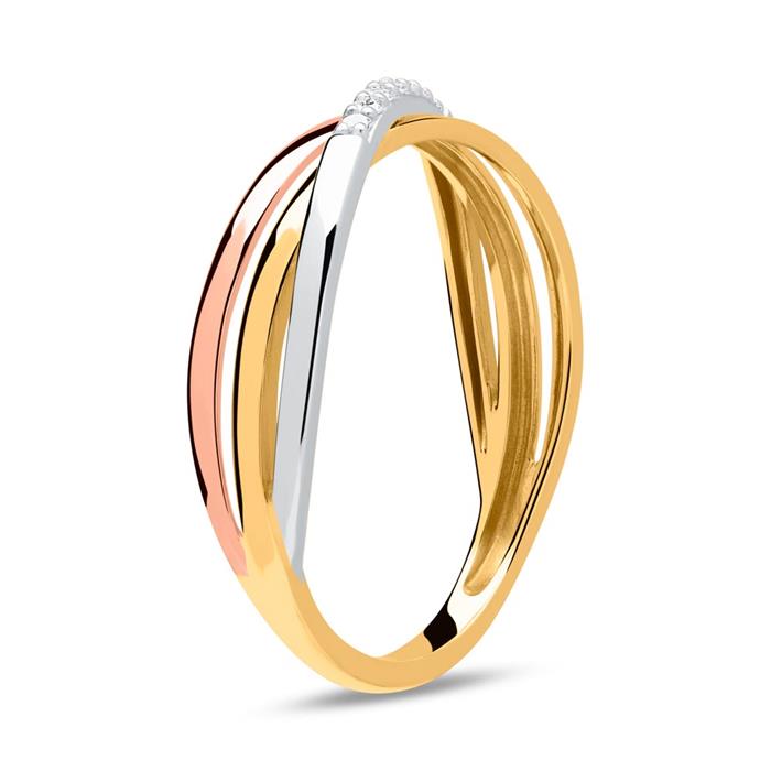 Tricolor 14ct gold ring with diamonds