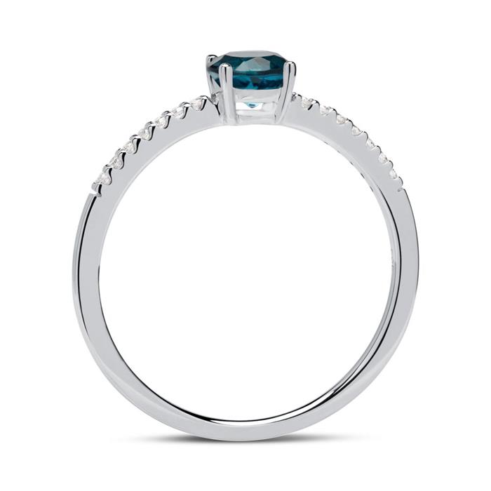 Diamanten ring in 14 karaat witgoud met blauwe Topaas