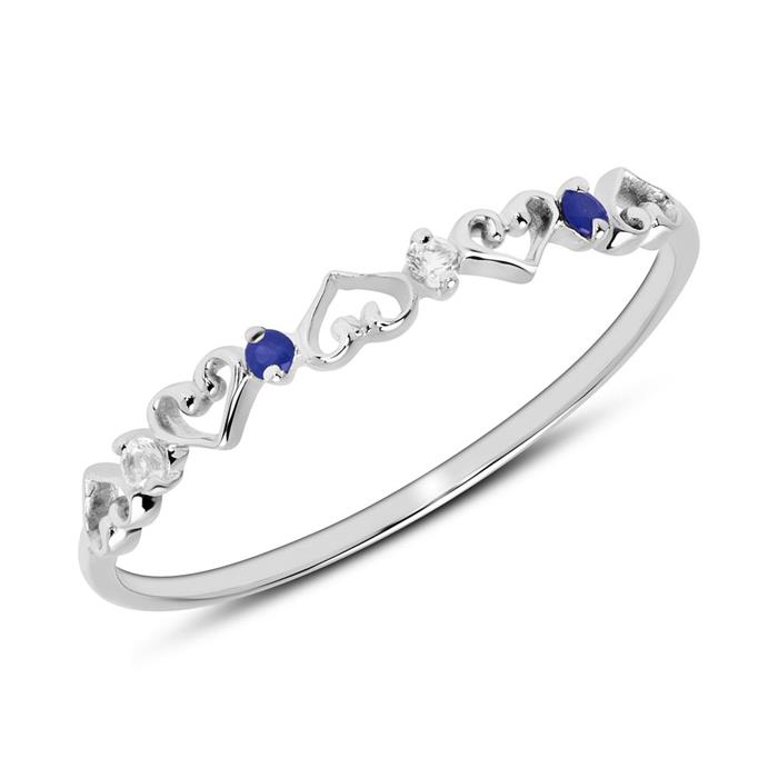 Heart ring in 14ct white gold with sapphire and white topaz