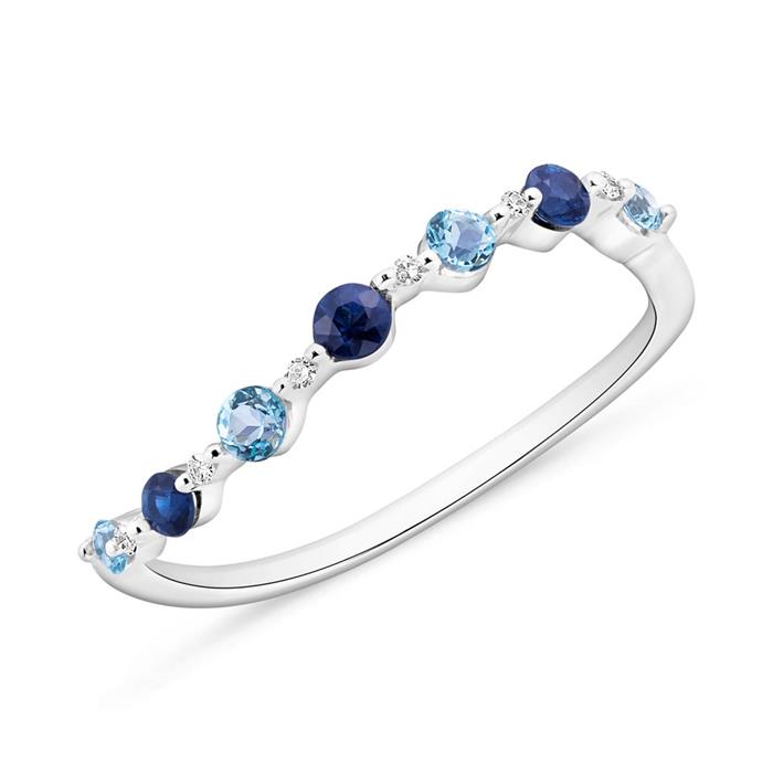 Ring in 14K white gold diamond sapphire blue topaz