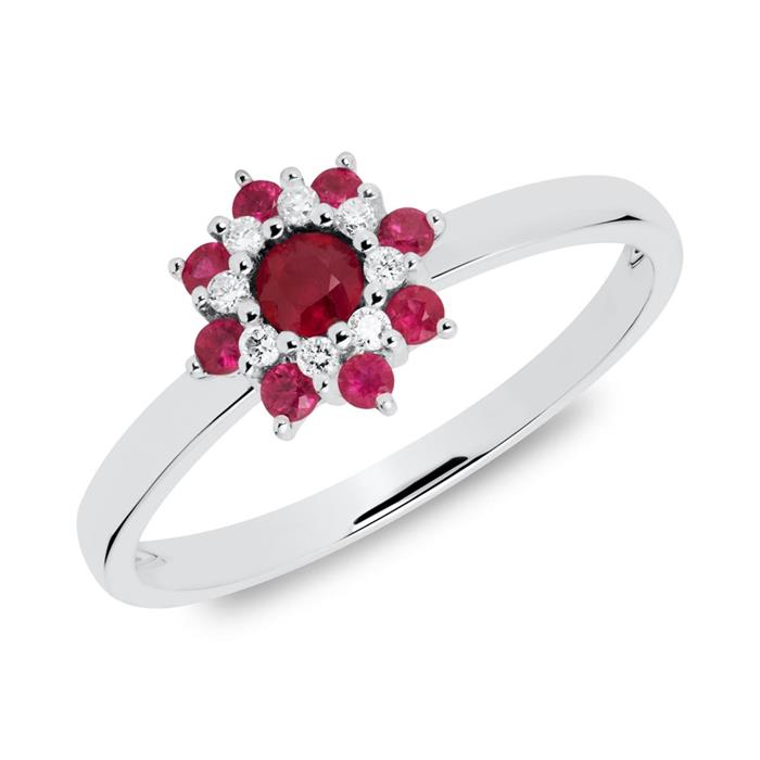 Ring blossom in 14ct white gold with rubies and diamonds