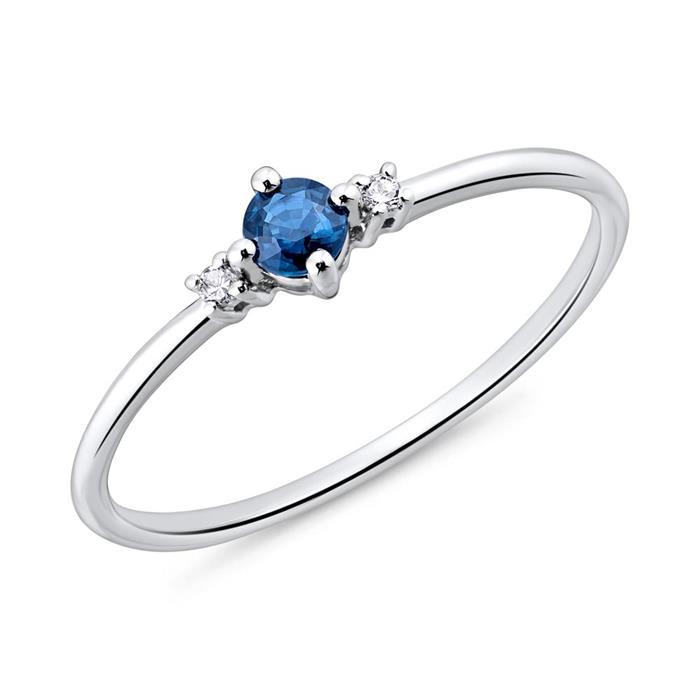 Ladies ring in 14K white gold with sapphire and diamonds