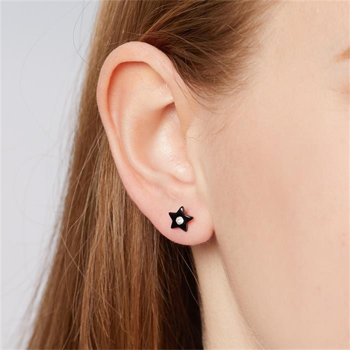 Black stainless steel stud earrings star with zirconia