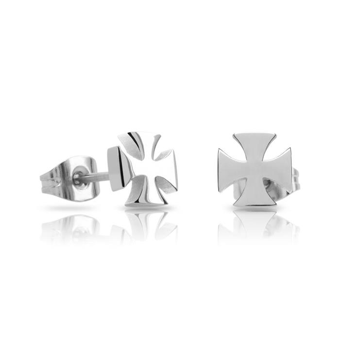 Shiny stainless steel ear studs in cross form