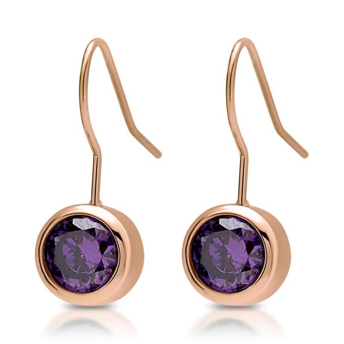 Rose gold plated stainless steel earrings purple zirconia