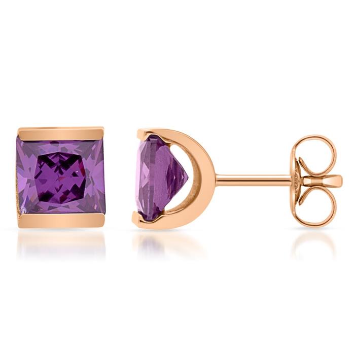 Earrings stainless steel rose gold plated purple zirconia