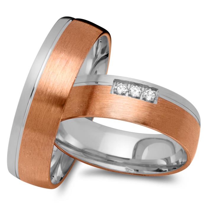 Wedding rings 18ct red and white gold 3 brilliants