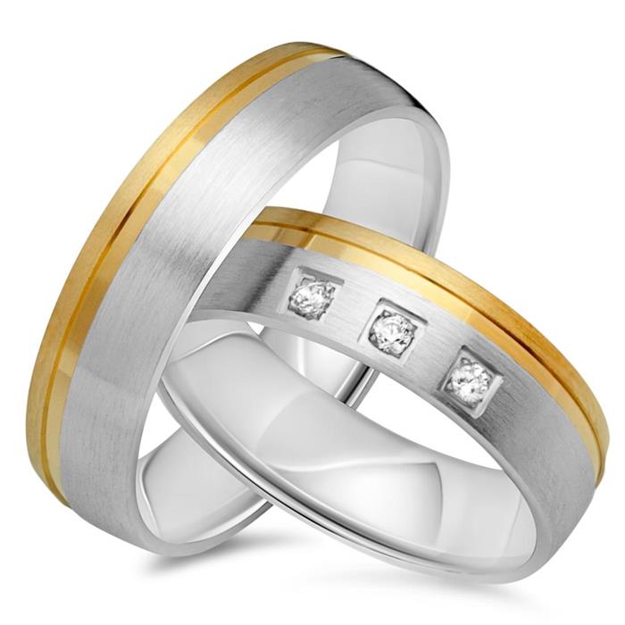 Wedding rings 14ct yellow-white gold 3 diamonds