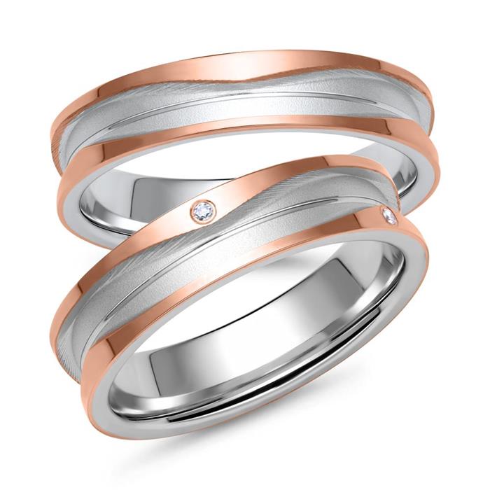 Wedding rings in white and rose gold with 3 brilliants