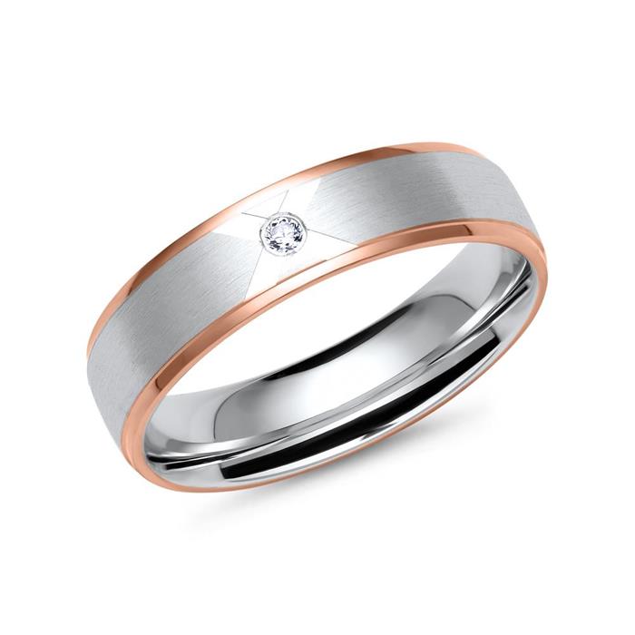 White and rose gold wedding rings with diamond