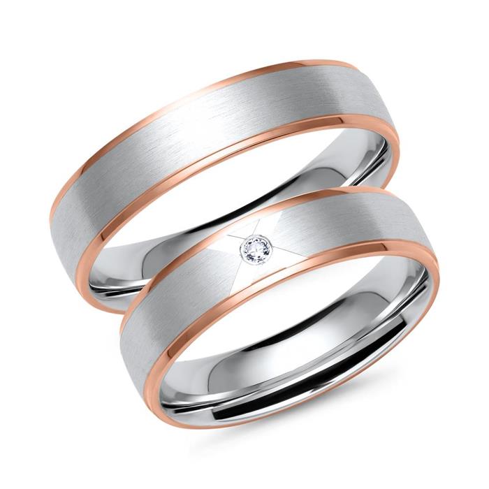 White and rose gold wedding rings with diamond