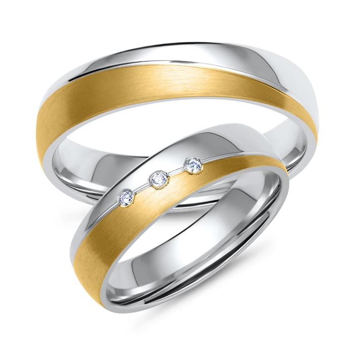 Wedding rings in yellow and white gold with 3 diamonds