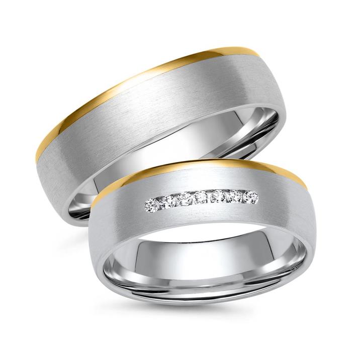 Wedding rings in white and yellow gold with 7 diamonds