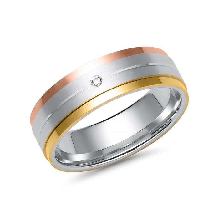 Wedding rings in white, yellow and rose gold with diamond