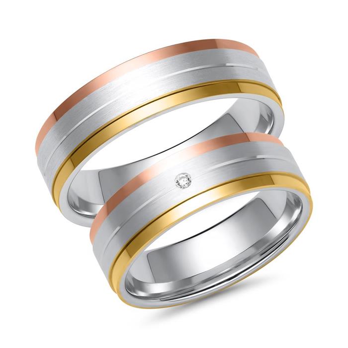 Wedding rings in white, yellow and rose gold with diamond