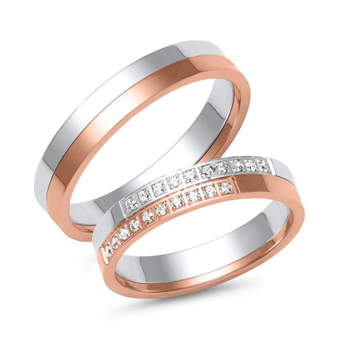 Wedding rings in white and rose gold with 20 diamonds