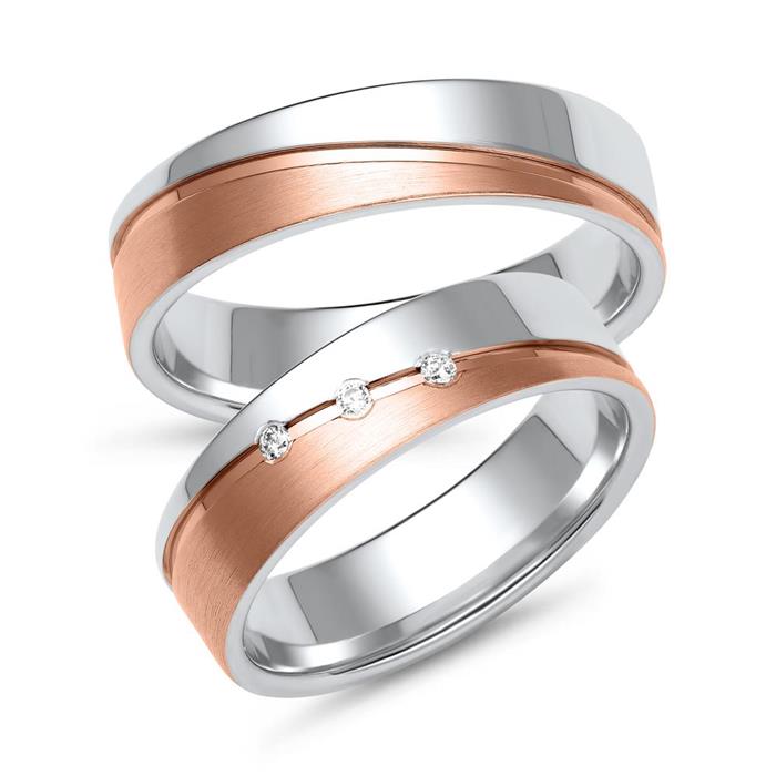 Wedding rings in white and rose gold with 3 brilliants