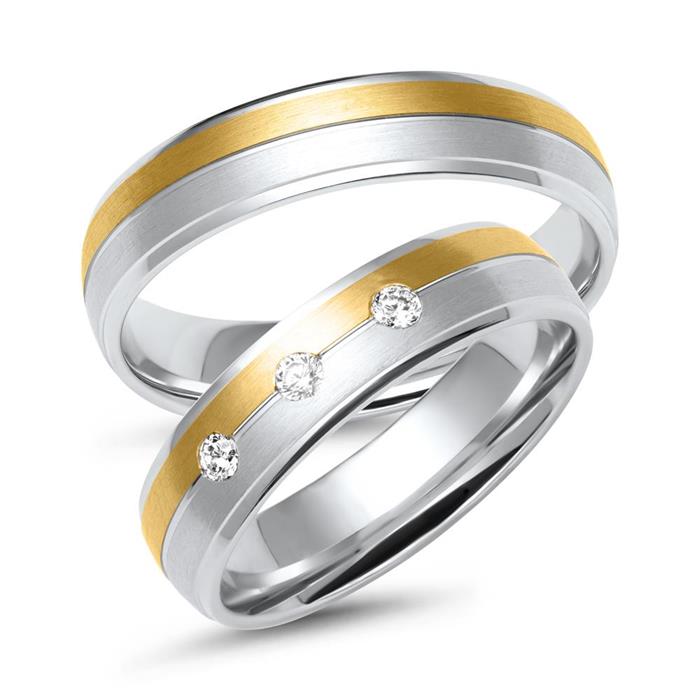 Wedding rings in white and yellow gold with 3 diamonds
