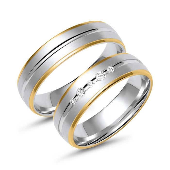White and yellow gold wedding rings with 5 diamonds