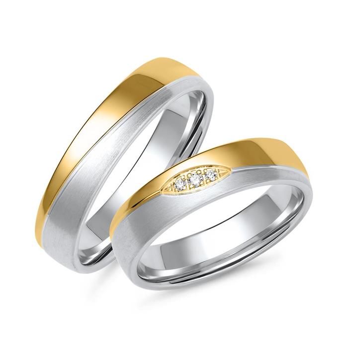 White and yellow gold wedding rings with 3 diamonds