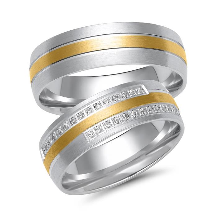 Wedding rings in white and yellow gold with 30 diamonds