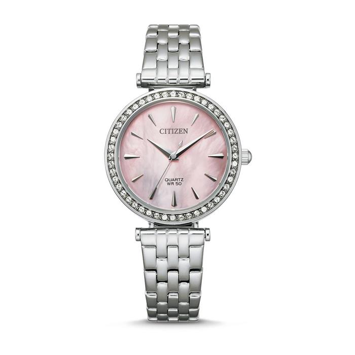 Ladies watch in stainless steel with mother-of-pearl and crystals