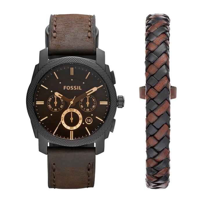 Men's chronograph machine and leather strap set