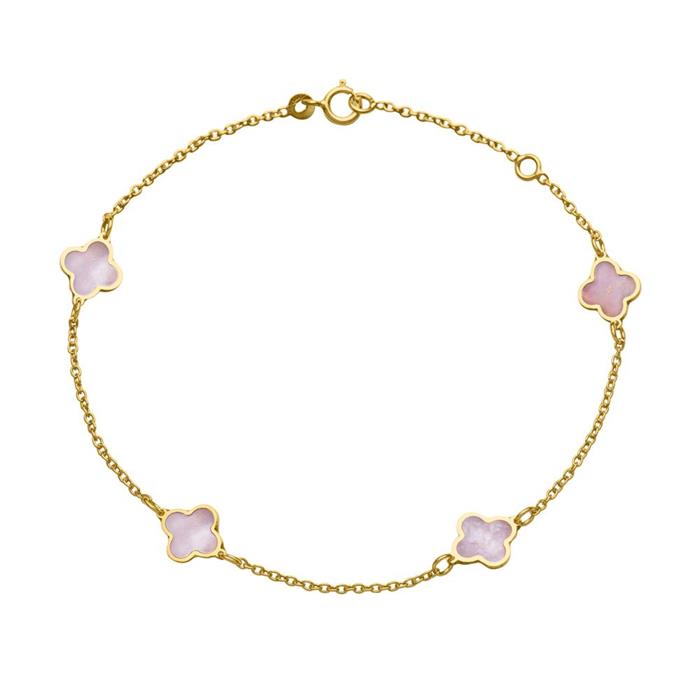 14K Gold Bracelet For Ladies With Mother-Of-Pearl Flowers