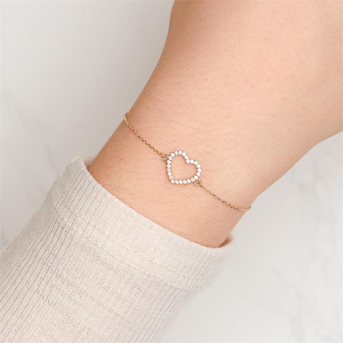 Pulsera corazón para mujer en oro de 9 quilates con circonita