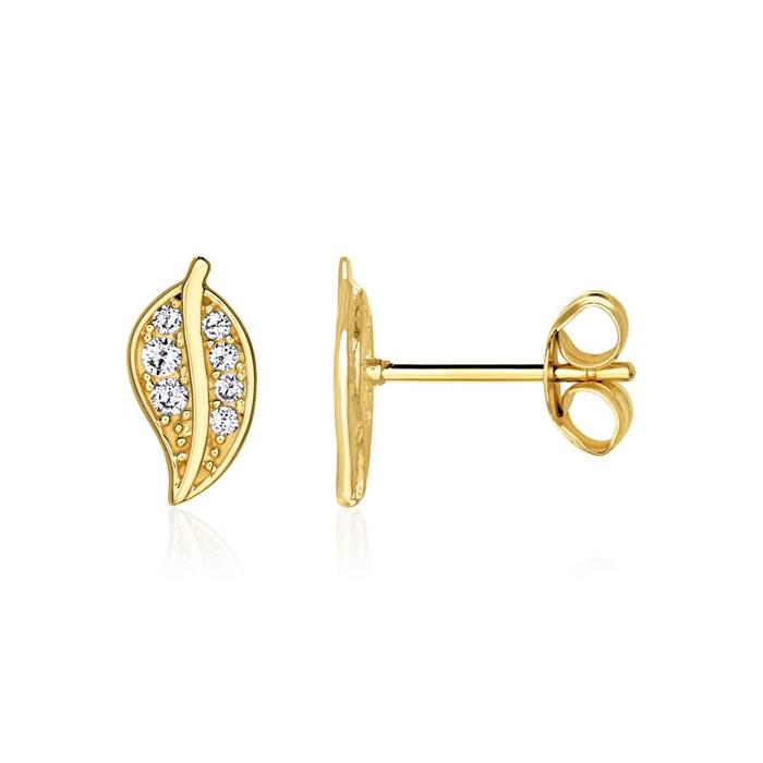 9K gold stud earrings leaf for ladies with zirconia