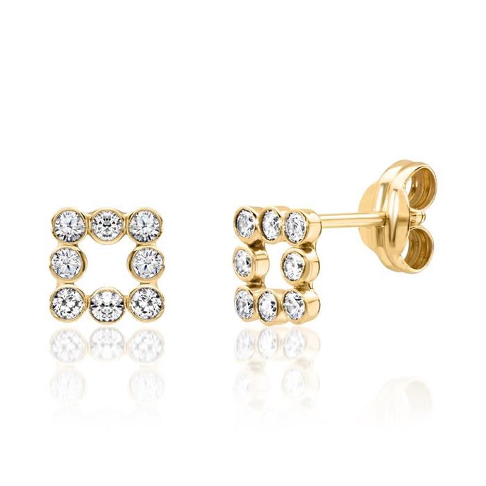 Ladies 9K gold square stud earrings with cubic zirconia