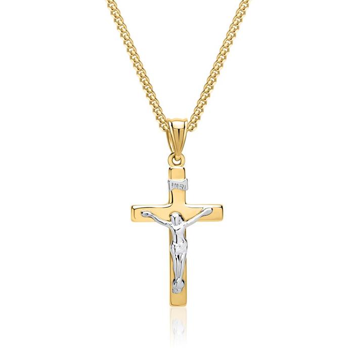 Kette mit Anhänger Kreuz Jesus Gelbgold Weißgold