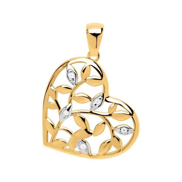 Heart pendant leaf tendrils in 8ct gold and zirconia
