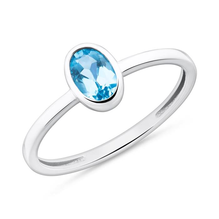 Anillo de mujer de oro blanco 14 quilates con topacio azul