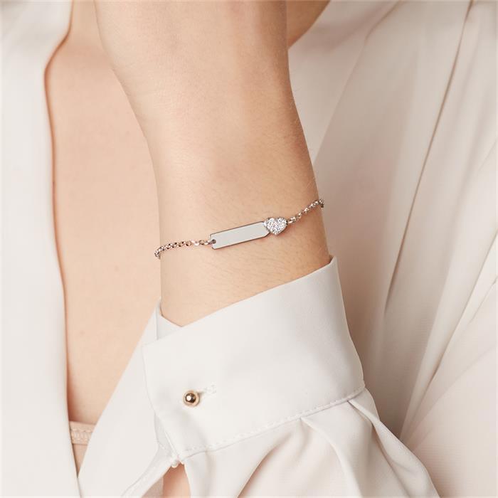 Pulsera con grabado de corazón de plata 925 con circonitas