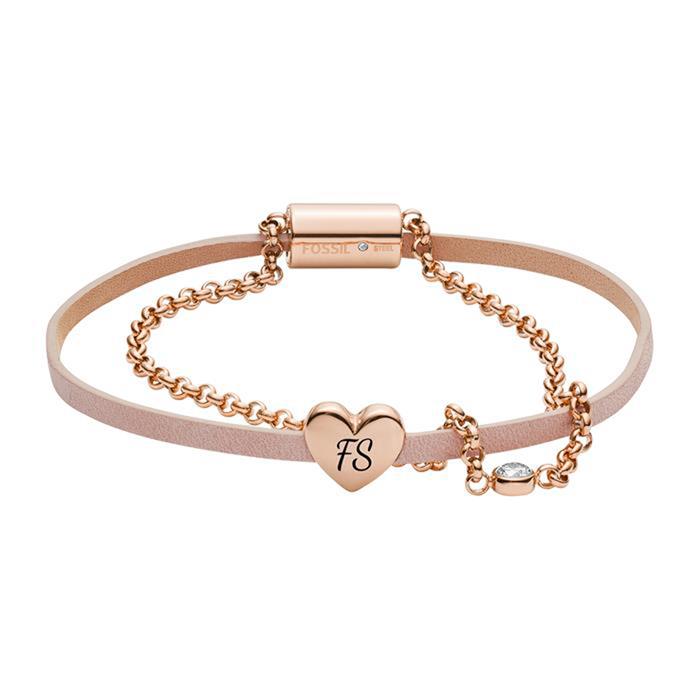 Bracelet Duo Heart For Ladies In Leather Stainless Steel, Rosé