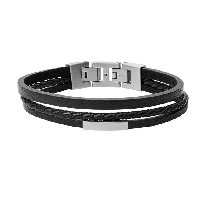 Gents engraved bracelet in black leather and stainless steel