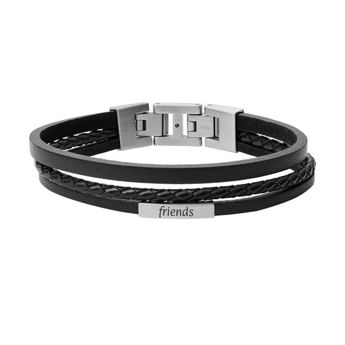 Pulsera para hombre de cuero negro y acero inoxidable grabado