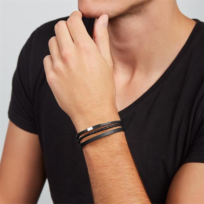 Herenarmband met gravering in zwart leer en edelstaal