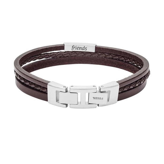 Gents brown leather and stainless steel engraved bracelet