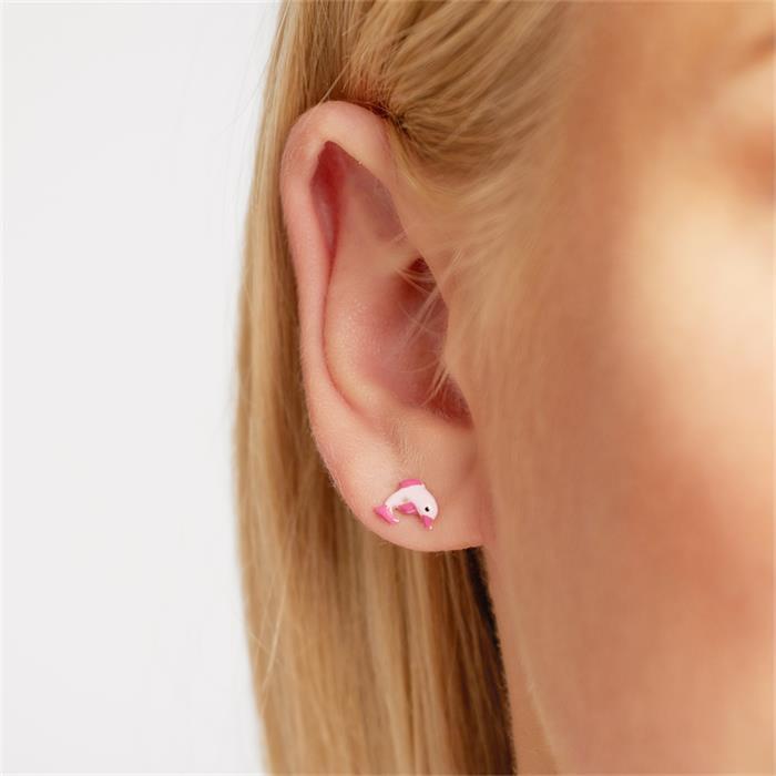 Sterling silver children's ear studs with pink dolphin motive