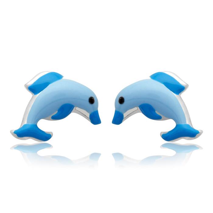 Kinder oorstekers zilver met dolfijn motief blauw