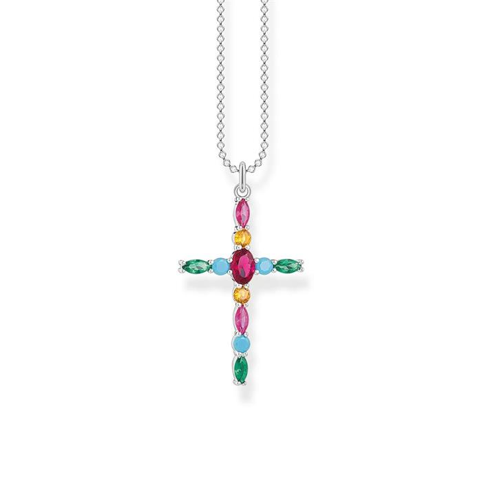 Silver necklace with cross pendant with colourful stone set