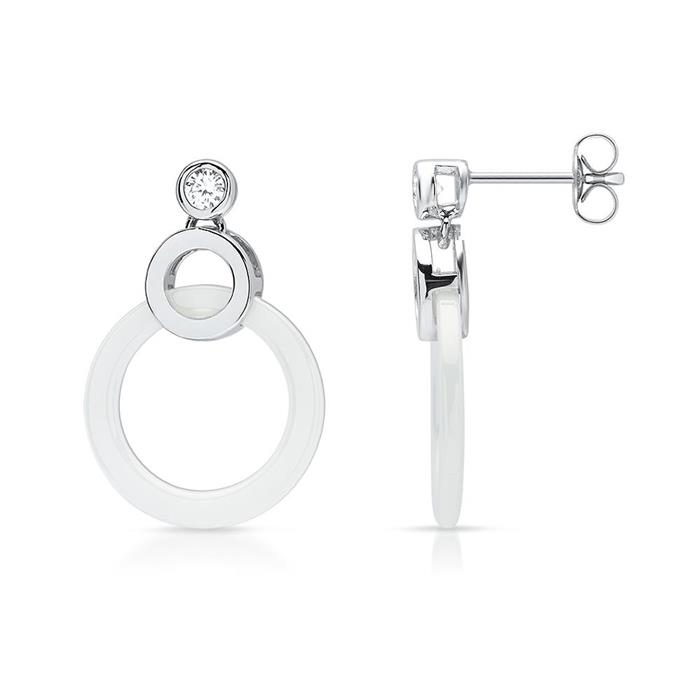 Silver-white ceramic ear studs with stone