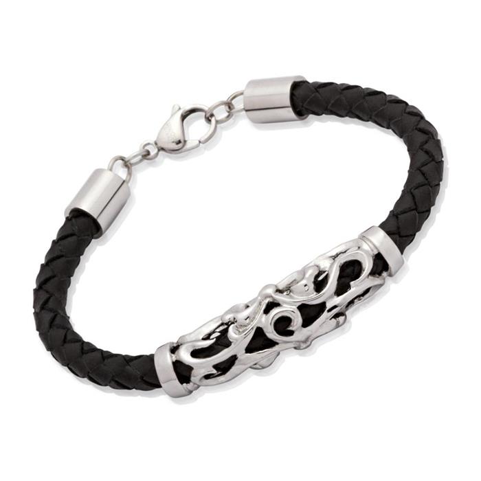 Leather bracelet with stainless steel element